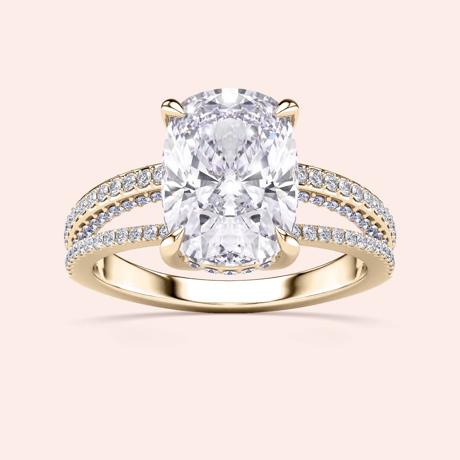 Stunning yellow gold 14K or 18K engagement ring featuring a cushion hidden halo and Pave accents.|
#14KRecycledYellowGold
#18KRecycledYellowGold