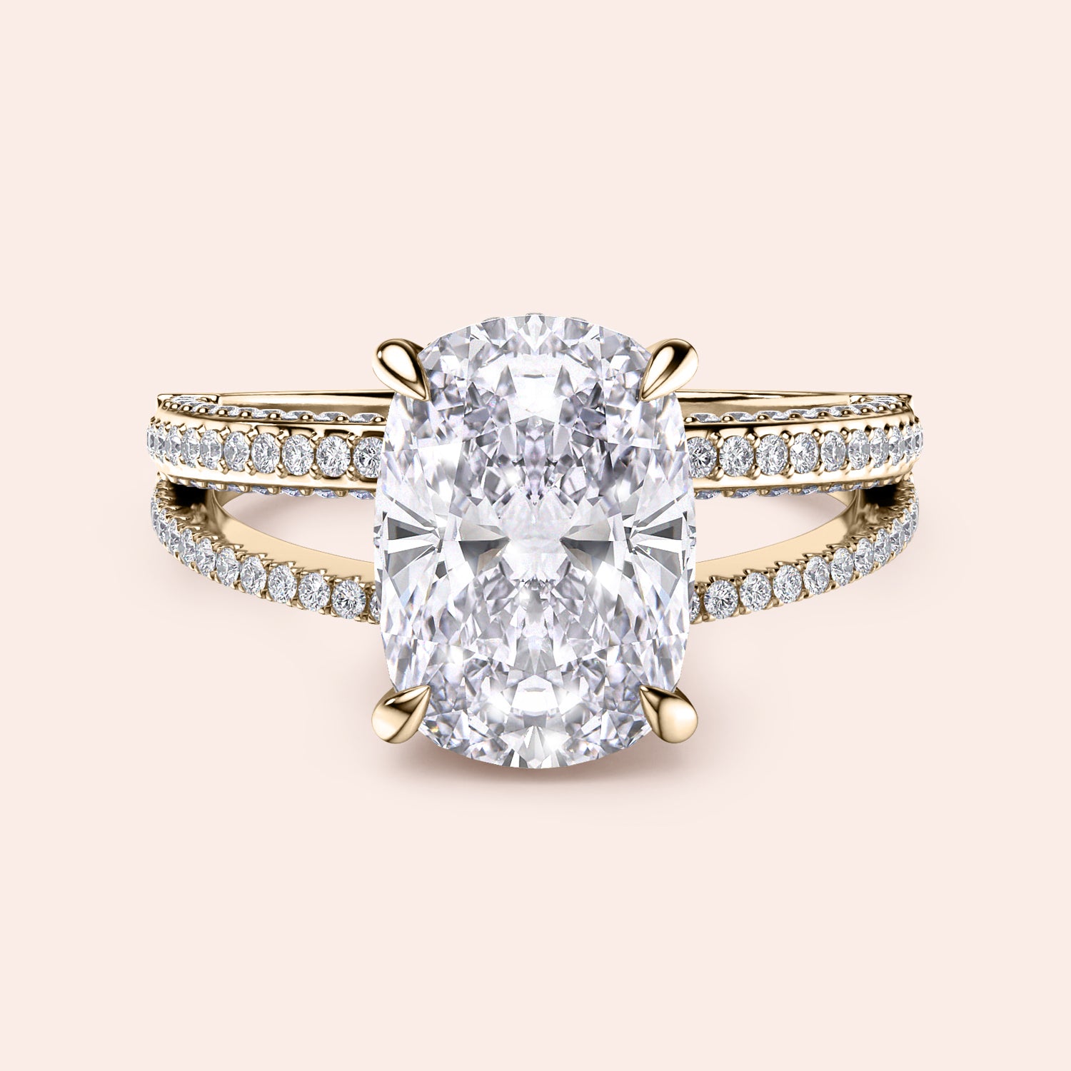 Elegant 14K yellow gold engagement ring with cushion diamond centerpiece and split shank design, featuring dazzling smaller diamonds.|
#14KRecycledYellowGold
#18KRecycledYellowGold