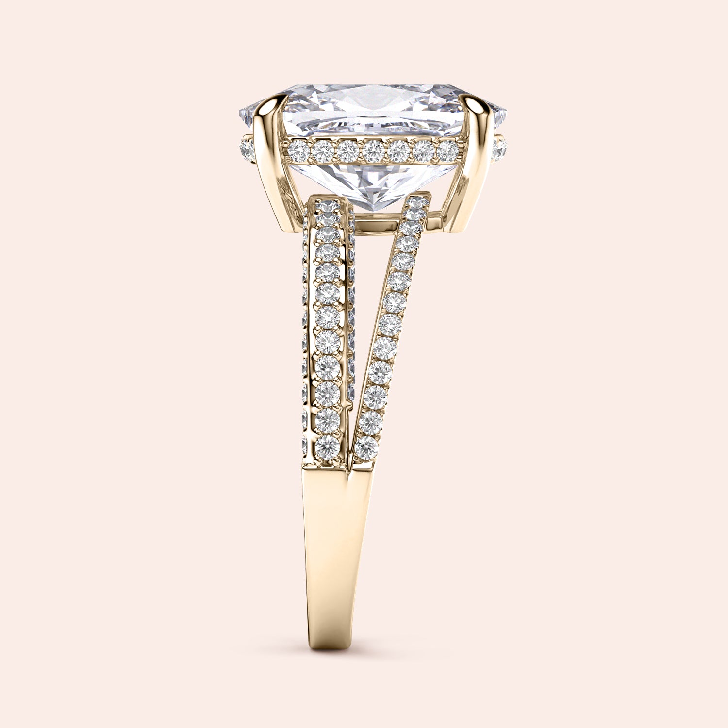 Luxurious 14K yellow gold engagement ring with a cushion-cut diamond and pave-set diamonds on a split shank band.|
#14KRecycledYellowGold
#18KRecycledYellowGold