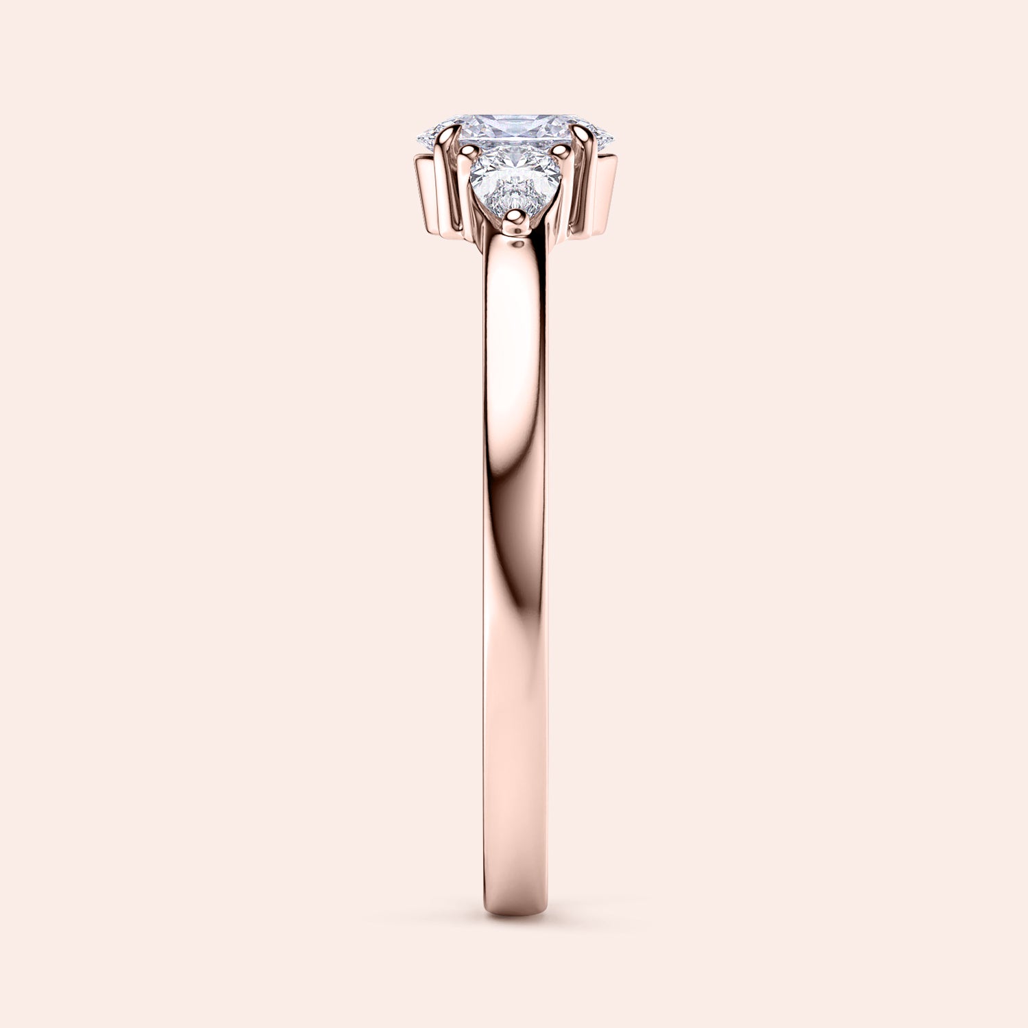 Elegant rose gold engagement ring featuring three side pear stones and an Asscher-cut diamond, available in 14K or 18K gold.|
#14KRecycledRoseGold
#18KRecycledRoseGold