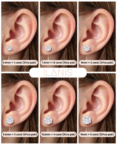 Size chart for diamond stud earrings showing different carat sizes on ear - perfect guide for choosing the right size for your style |
#14KRecycledRoseGold
#18KRecycledRoseGold

#14KRecycledYellowGold 
#18KRecycledYellowGold 

#14KRecycledWhiteGold
#18KRecycledWhiteGold
#Platinum




