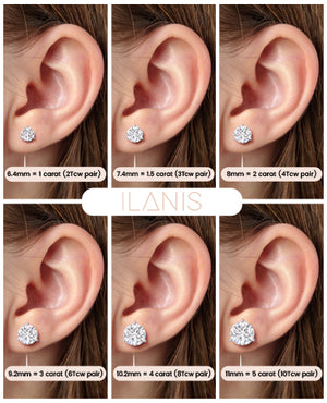 Size chart for diamond stud earrings showing different carat sizes on ear - perfect guide for choosing the right size for your style 