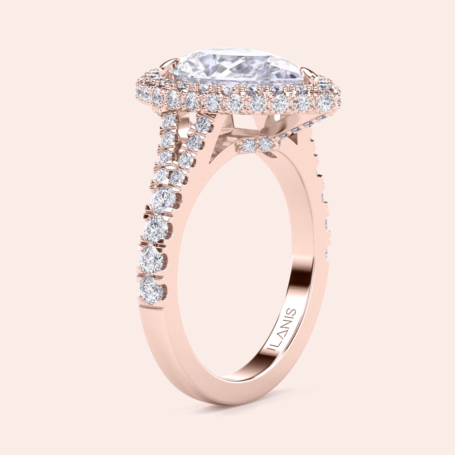 Pear cut diamond halo ring rose gold, double halo pavé setting with center pear diamond and balanced brilliance | #14KRecycledRoseGold #18KRecycledRoseGold