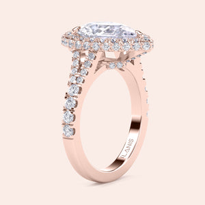 Pear cut diamond halo ring rose gold, double halo pavé setting with center pear diamond and balanced brilliance 