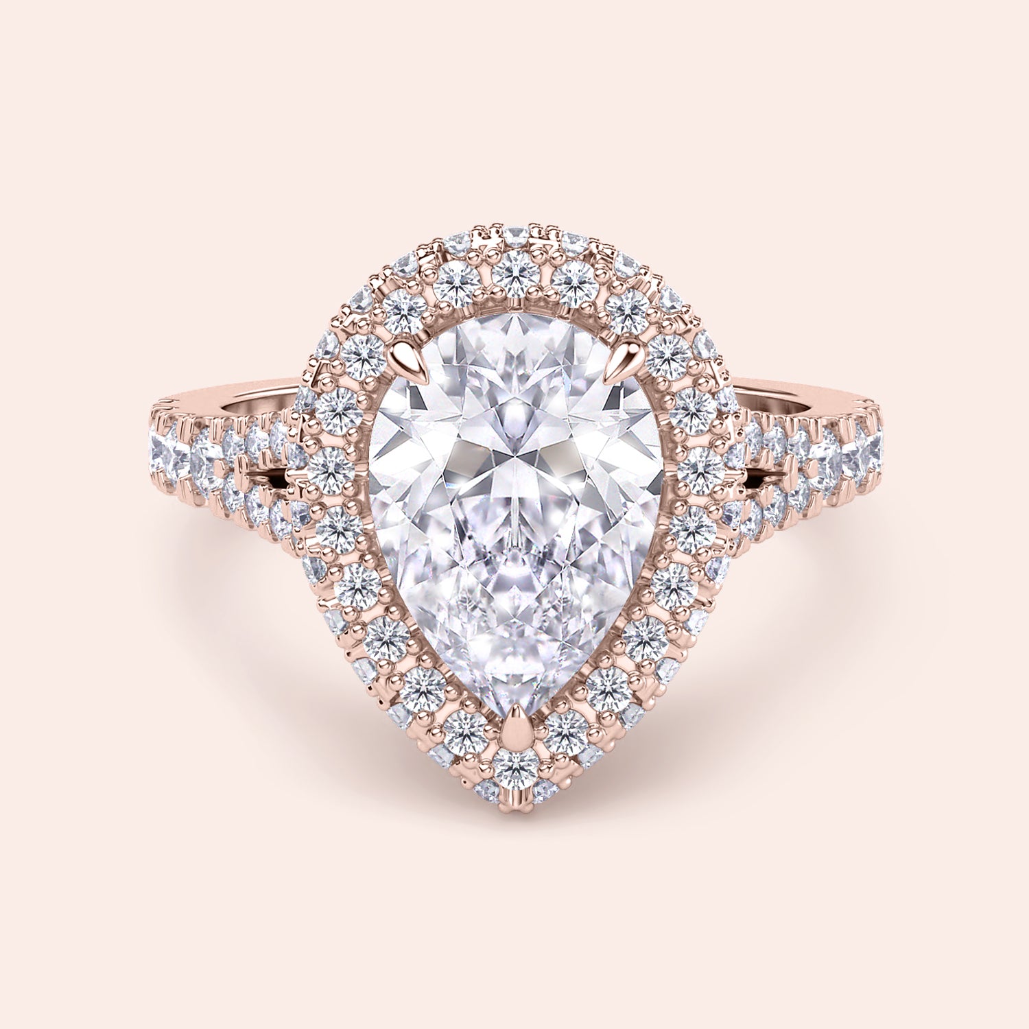 Rose gold pear diamond engagement ring with double halo, luxury bridal ring with refined craftsmanship and glowing finish | #14KRecycledRoseGold #18KRecycledRoseGold
