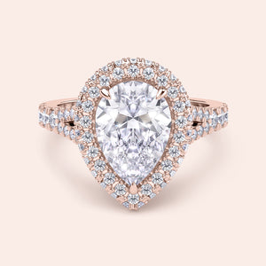 Rose gold pear diamond engagement ring with double halo, luxury bridal ring with refined craftsmanship and glowing finish 