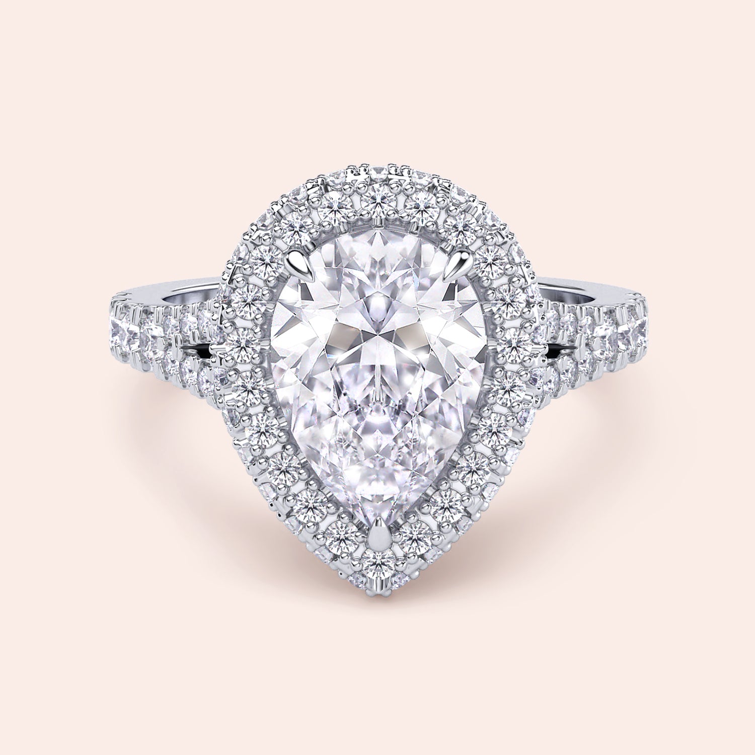 White gold pear diamond engagement ring with double halo, luxury bridal ring with refined craftsmanship and sparkle | #14KRecycledWhiteGold #18KRecycledWhiteGold #Platinum