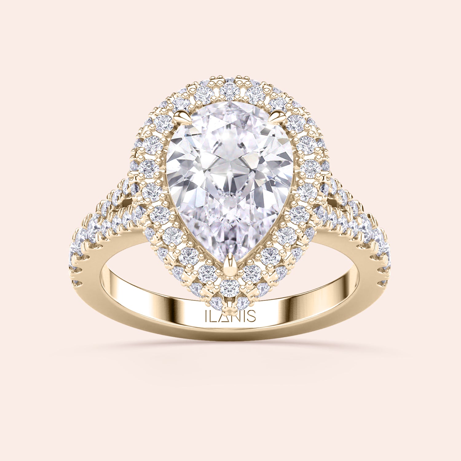 Yellow gold pear diamond engagement ring with double halo, luxury bridal ring with refined craftsmanship and brilliance | #14KRecycledYellowGold #18KRecycledYellowGold