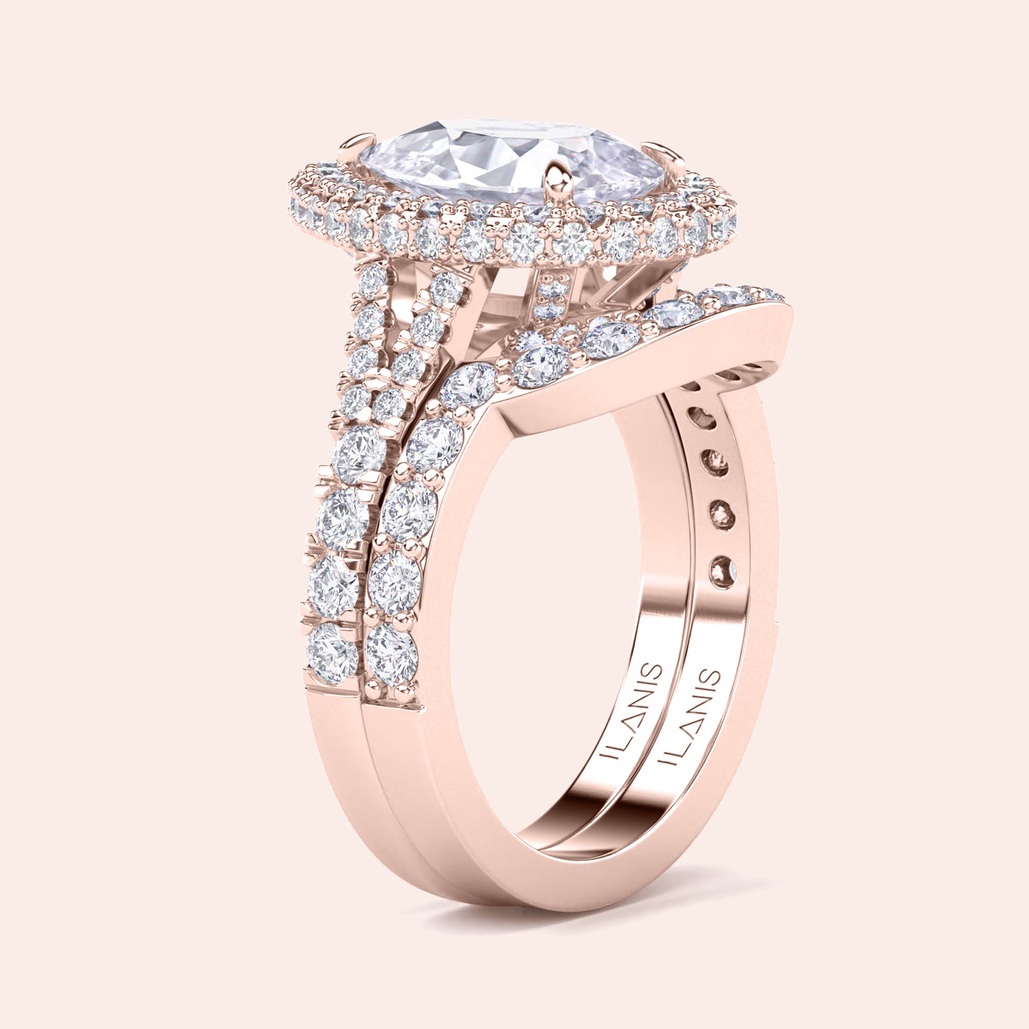 Rose gold pear cut diamond halo ring set, engagement ring with matching pavé wedding band, timeless bridal favorite | #14KRecycledRoseGold #18KRecycledRoseGold