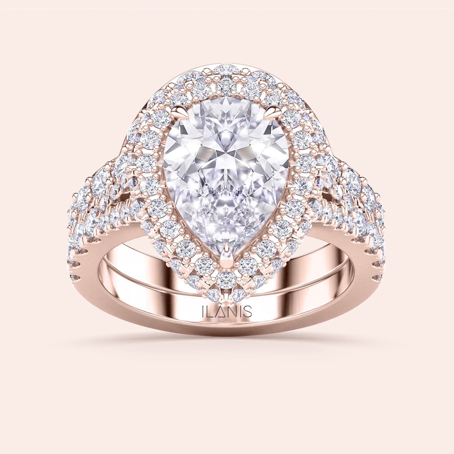Pear shaped diamond halo bridal ring set in rose gold, engagement ring and wedding band duo, perfect for proposal | #14KRecycledRoseGold #18KRecycledRoseGold