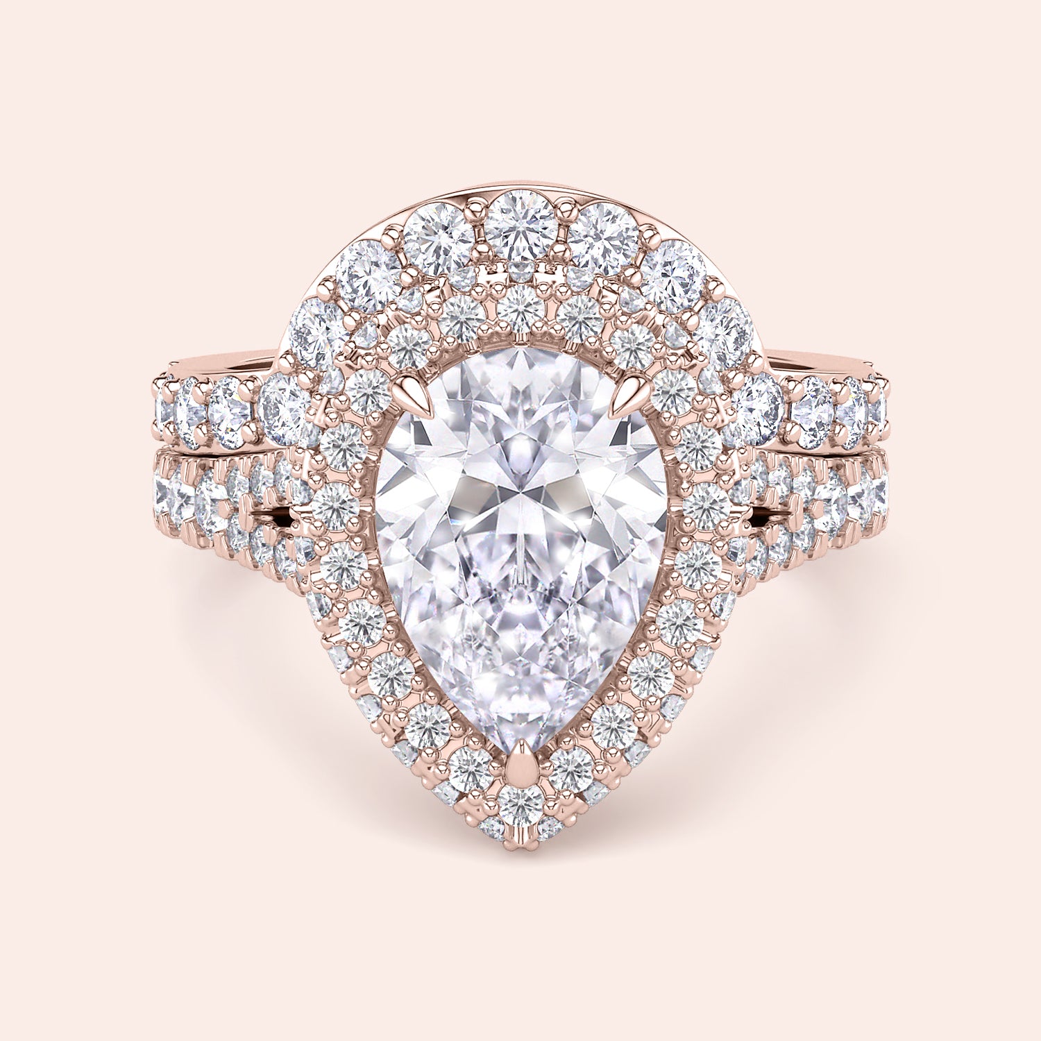 Rose gold pear diamond halo engagement ring set side view, pavé band with matching wedding ring, luxury bridal set | #14KRecycledRoseGold #18KRecycledRoseGold