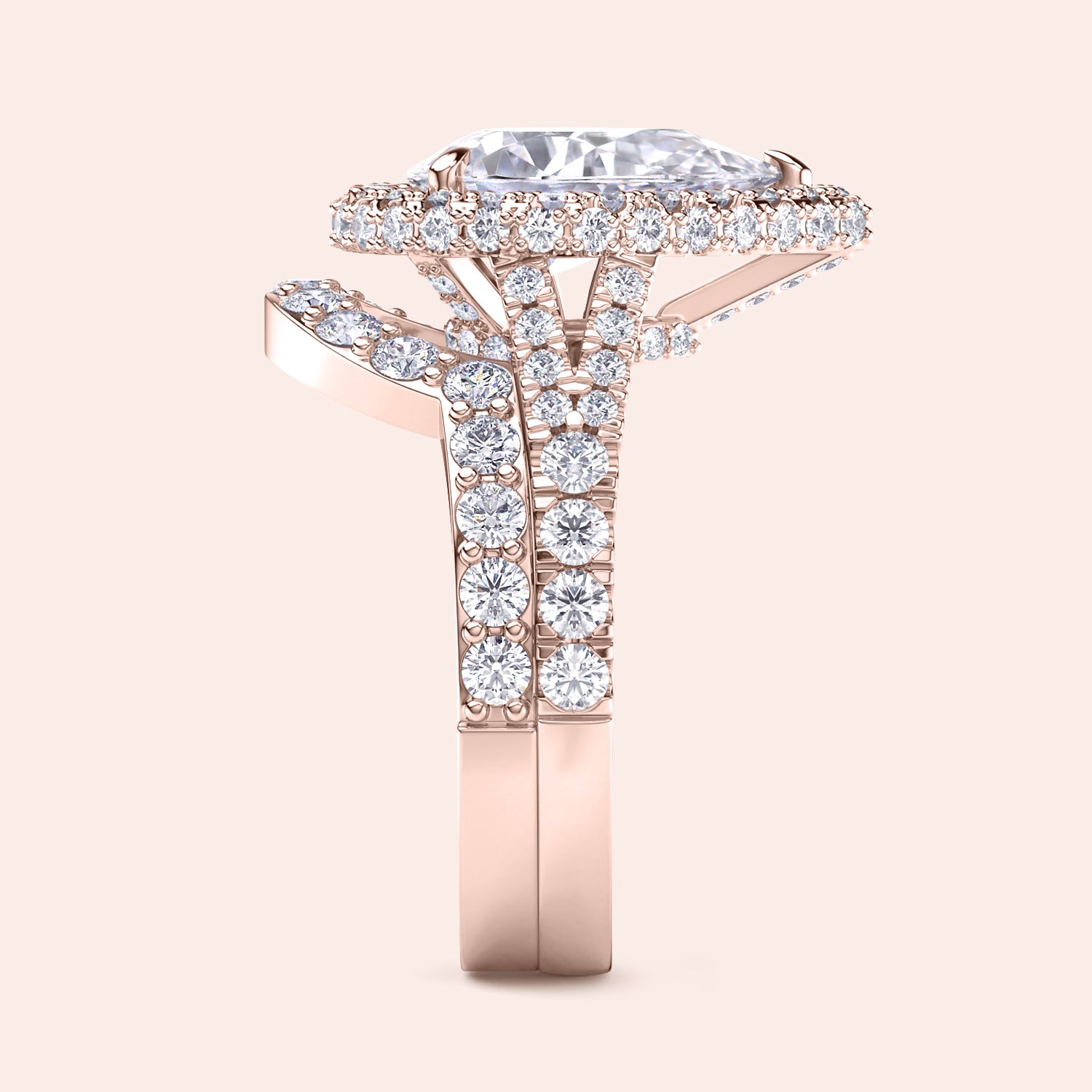 Pear diamond halo ring set in rose gold with matching band, detailed side profile, timeless engagement and wedding set | #14KRecycledRoseGold #18KRecycledRoseGold