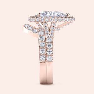 Pear diamond halo ring set in rose gold with matching band, detailed side profile, timeless engagement and wedding set 