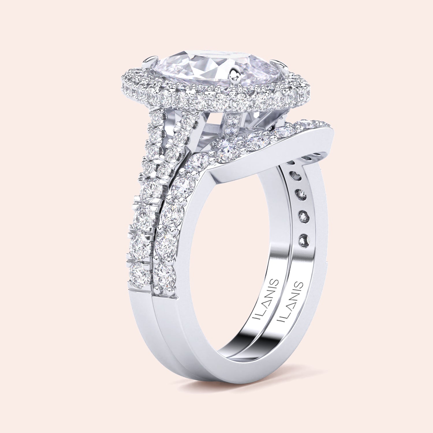 Pear diamond halo ring set in white gold with matching band, detailed side profile, timeless engagement and wedding set | #14KRecycledWhiteGold #18KRecycledWhiteGold #Platinum
