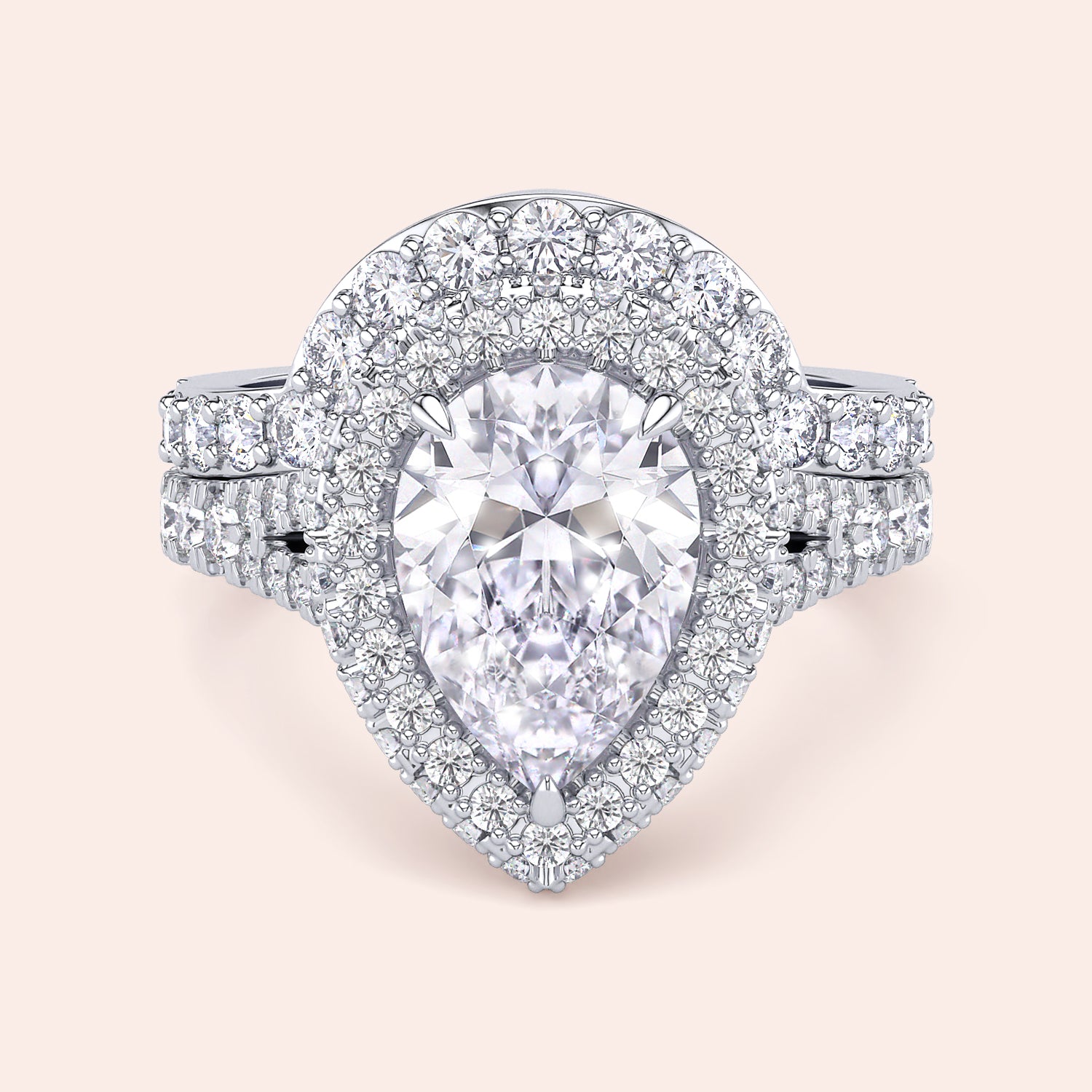 White gold pear cut diamond halo ring set, engagement ring with matching pavé wedding band, timeless bridal favorite | #14KRecycledWhiteGold #18KRecycledWhiteGold #Platinum