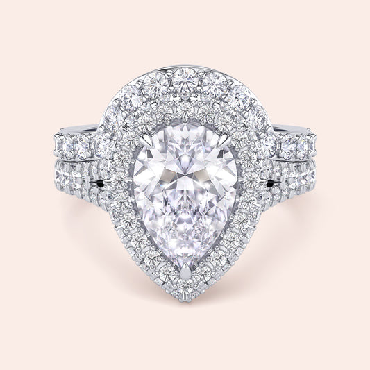 White gold pear cut diamond halo ring set, engagement ring with matching pavé wedding band, timeless bridal favorite 