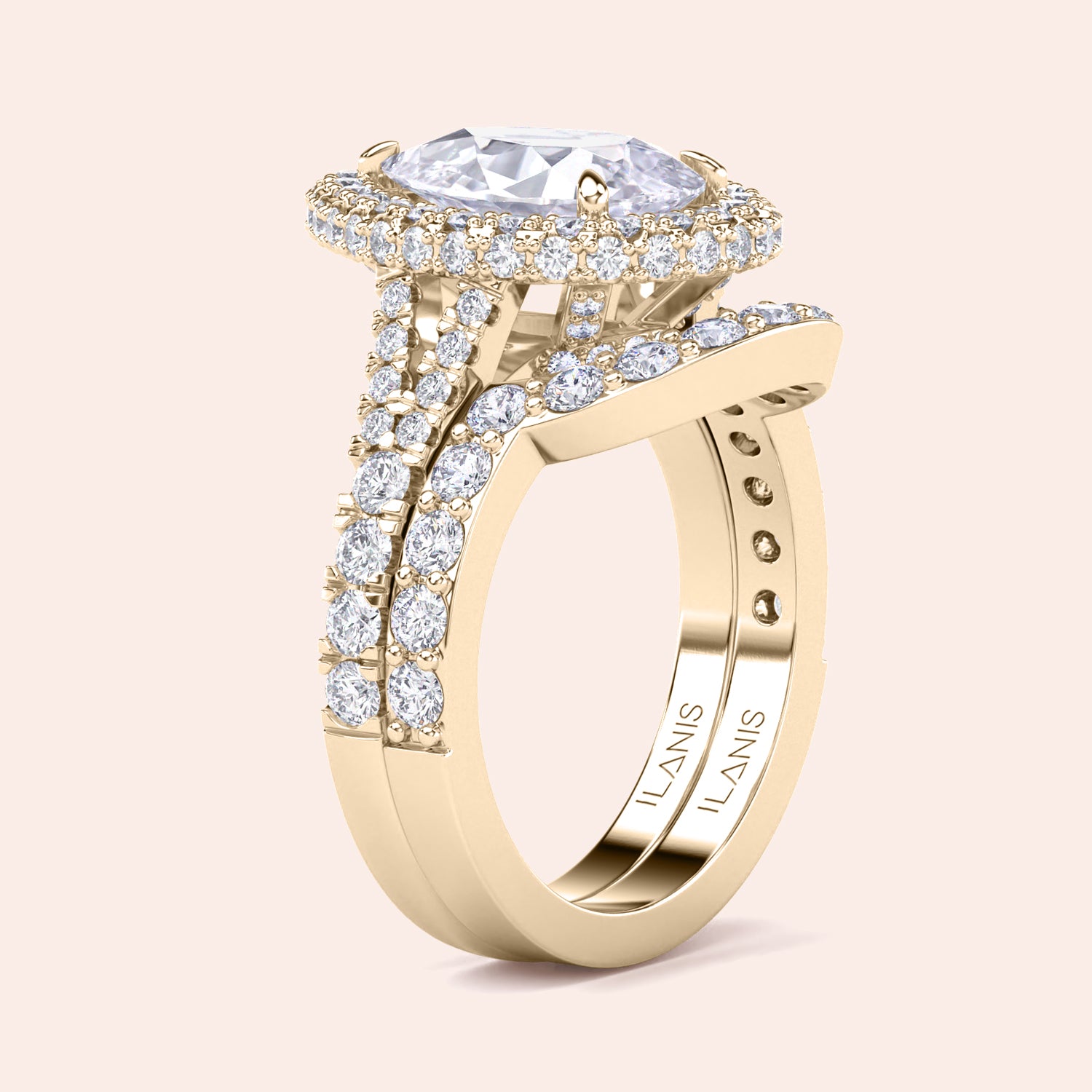 Yellow gold pear diamond halo engagement ring set on hand, matching wedding band with pavé diamonds, timeless bridal ring set perfect for proposal | #14KRecycledYellowGold #18KRecycledYellowGold