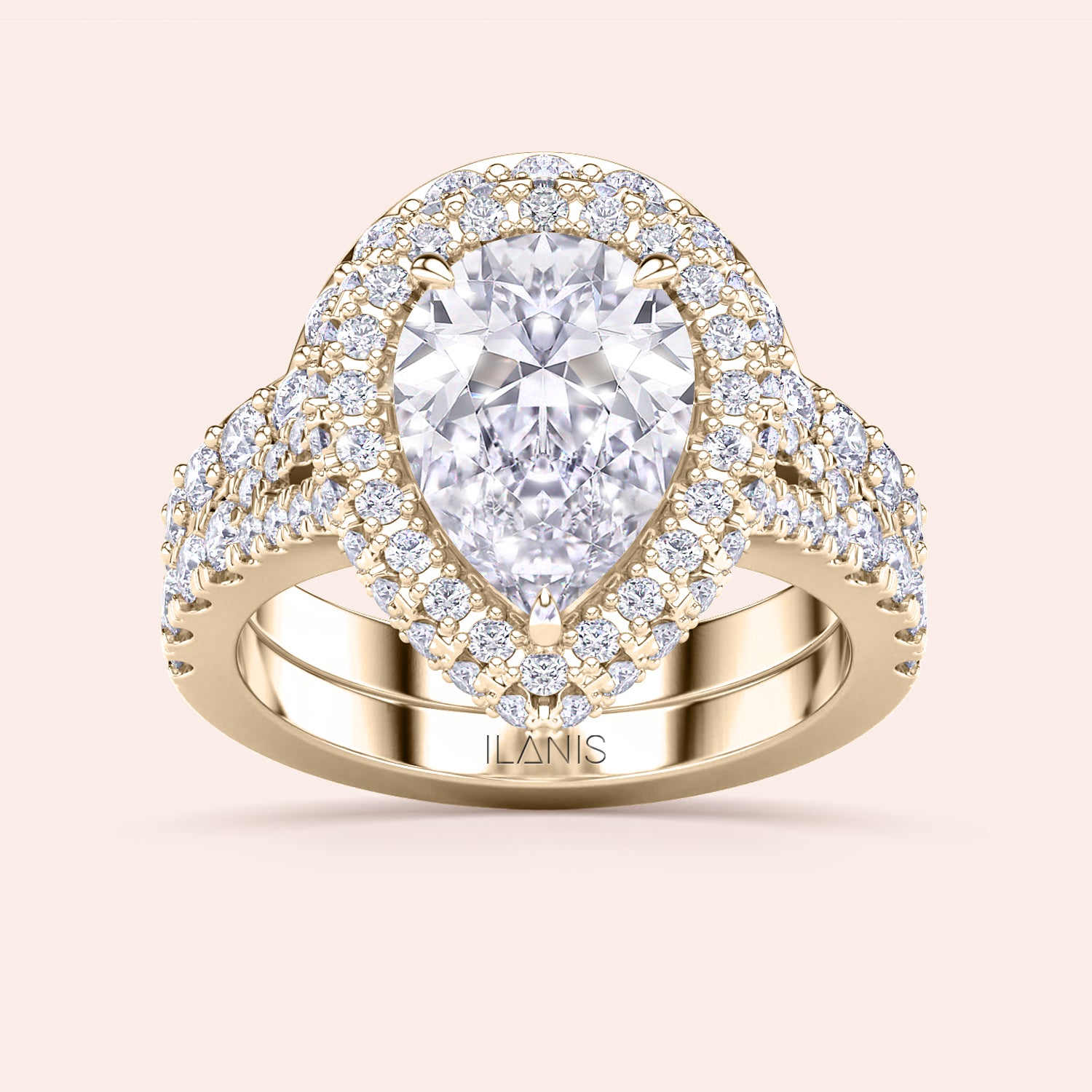 Pear shaped diamond halo bridal ring set in yellow gold, engagement ring and wedding band duo, perfect for proposal | #14KRecycledYellowGold #18KRecycledYellowGold