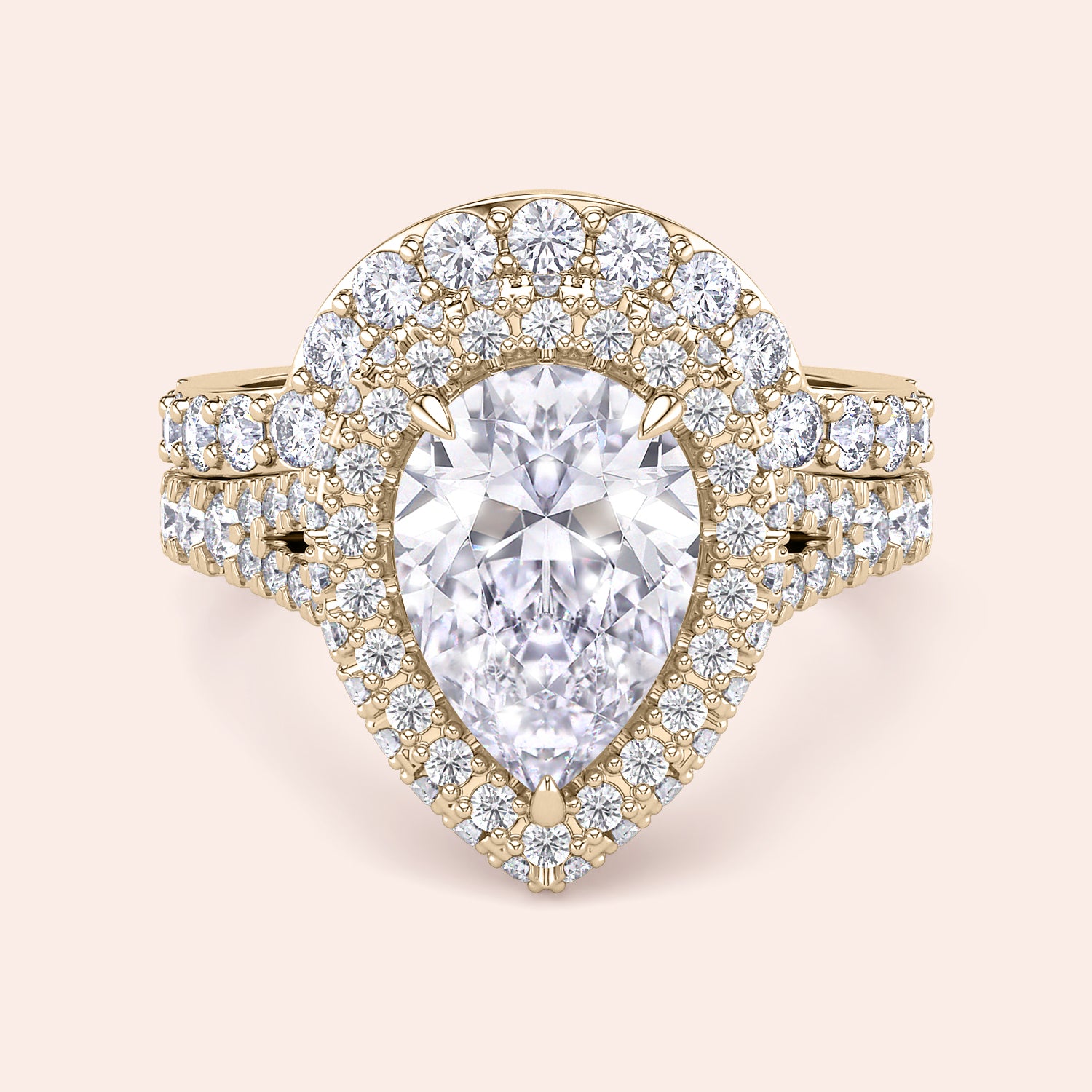 Yellow gold pear cut diamond halo ring set, engagement ring with matching pavé wedding band, timeless bridal favorite | #14KRecycledYellowGold #18KRecycledYellowGold