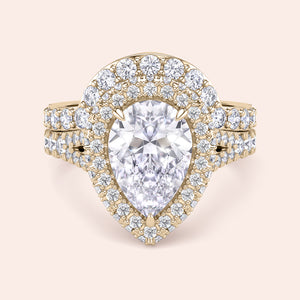 Yellow gold pear cut diamond halo ring set, engagement ring with matching pavé wedding band, timeless bridal favorite 