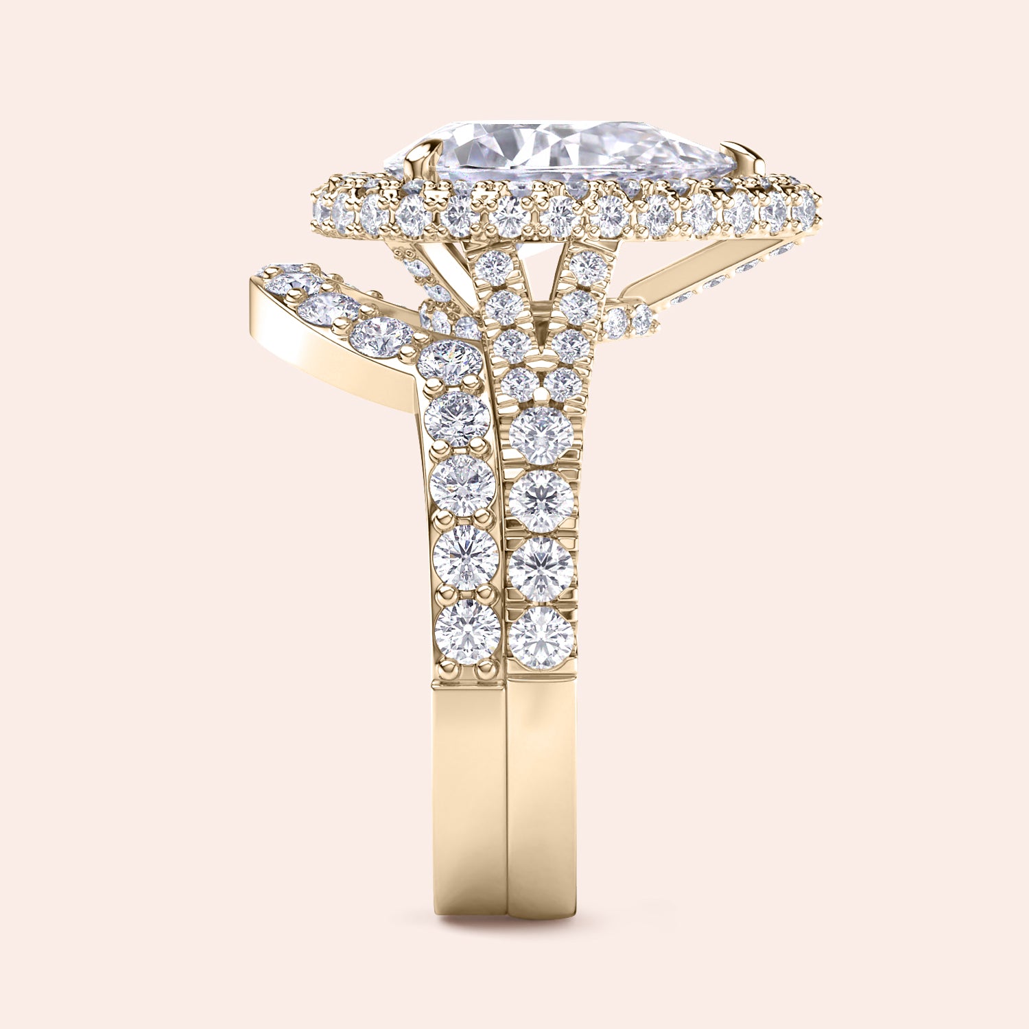 Yellow gold pear diamond halo engagement ring set side view, pavé band and matching wedding ring, luxury bridal set | #14KRecycledYellowGold #18KRecycledYellowGold