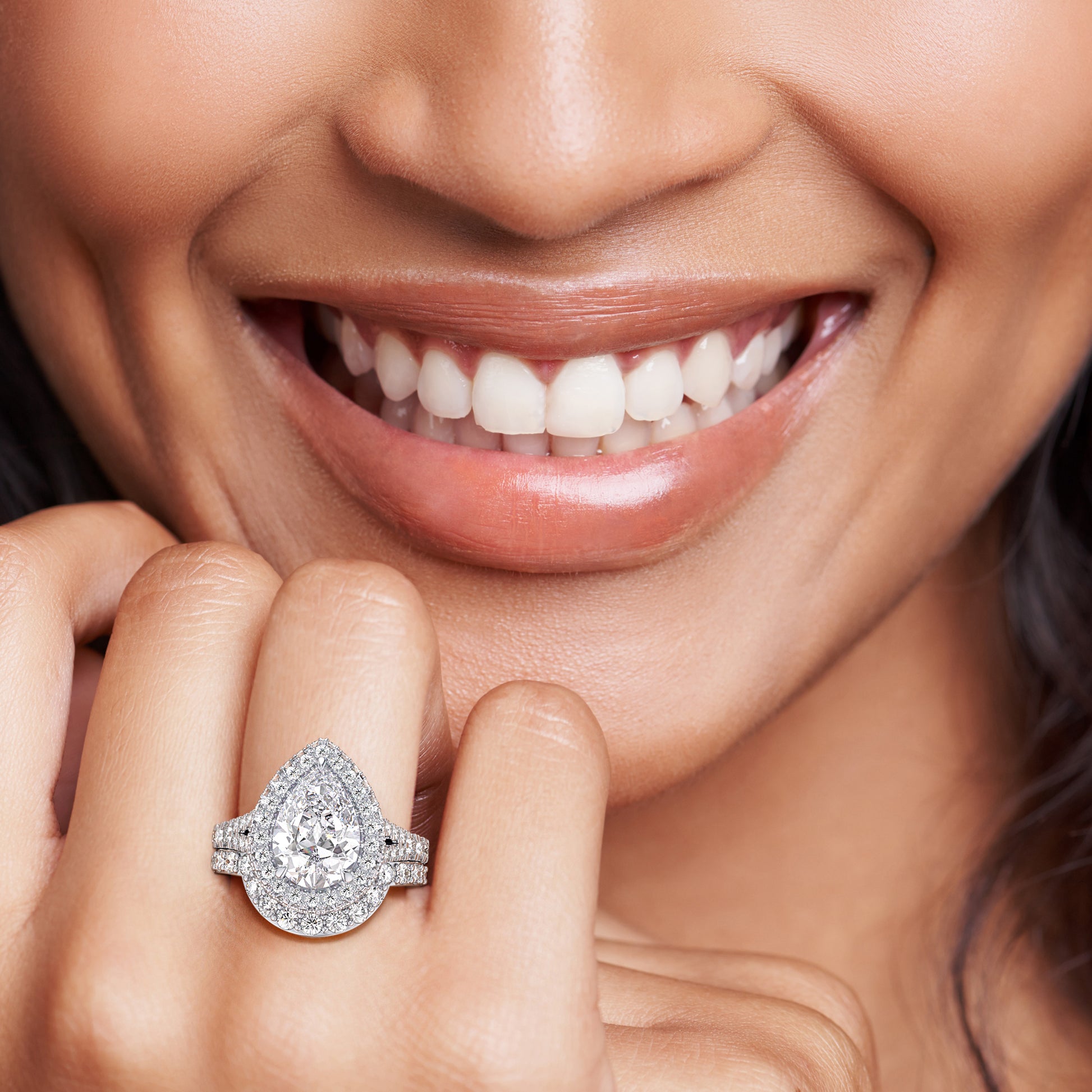 Pear diamond halo engagement ring set in white gold, sparkling bridal set with matching wedding band, perfect for proposal | #14KRecycledWhiteGold #18KRecycledWhiteGold #Platinum