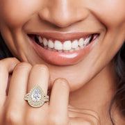 Pear diamond halo engagement ring set in yellow gold, sparkling bridal set with matching wedding band, perfect for proposal | #14KRecycledYellowGold #18KRecycledYellowGold