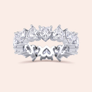 Heart shaped diamond eternity band in white gold, front view highlighting symmetry, brilliance and full circle diamond setting 