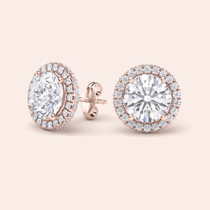 Rose gold round halo diamond studs, back view featuring secure post and butterfly closure with fine jewelry finishing details 