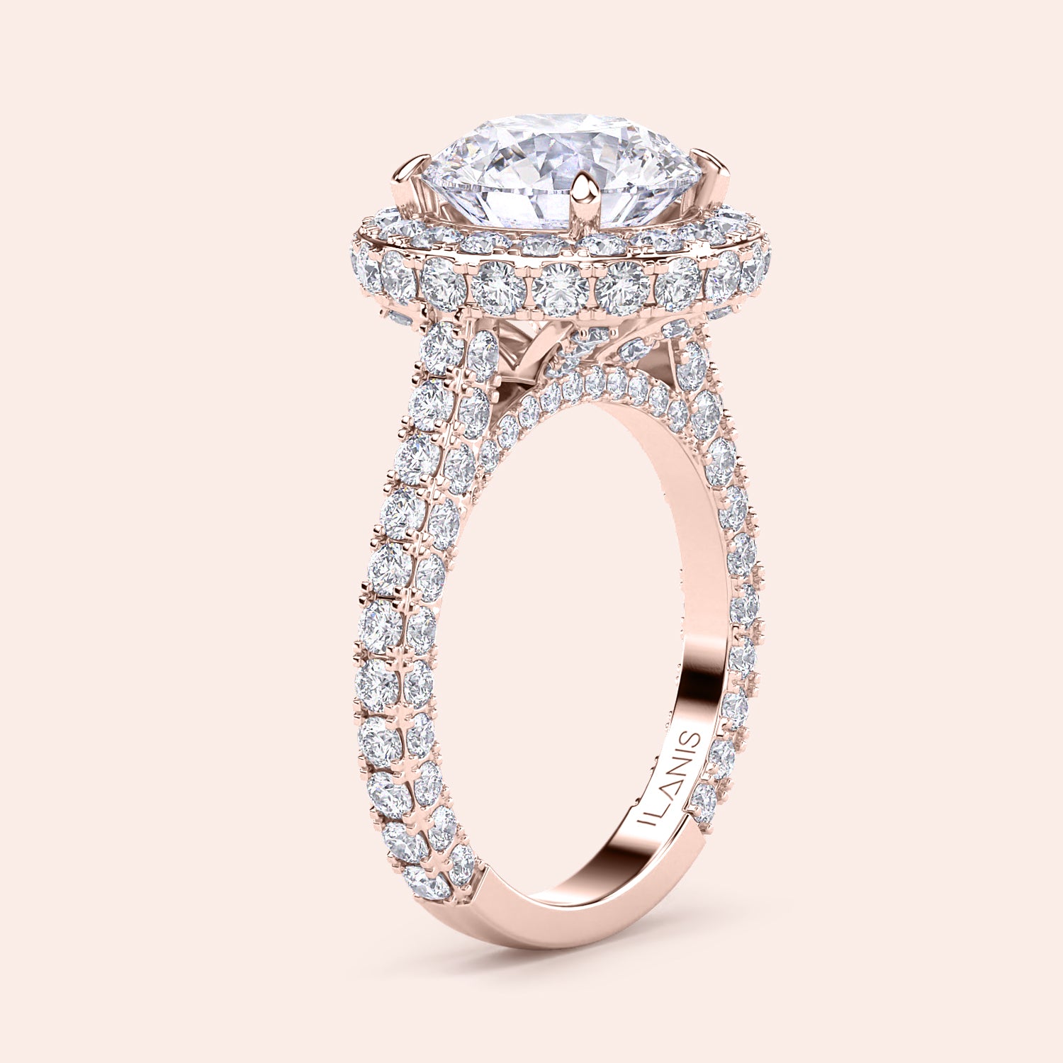 Round halo diamond engagement ring in recycled rose gold, side view showing pavé shank and elevated halo setting | #14KRecycledRoseGold #18KRecycledRoseGold