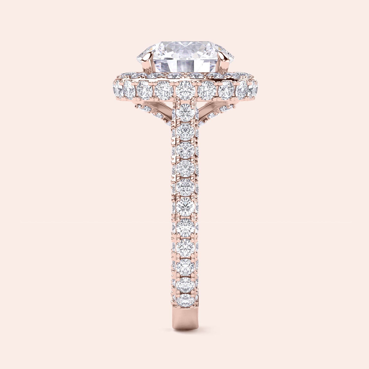 Round halo diamond engagement ring in recycled rose gold, side profile showing cat claw prongs and pavé band | #14KRecycledRoseGold #18KRecycledRoseGold