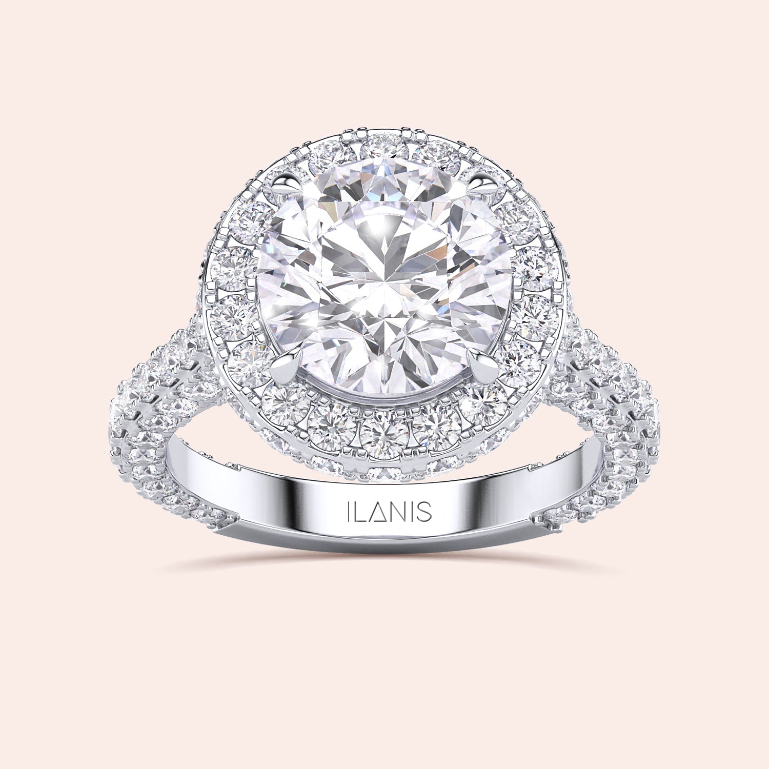 Round halo diamond engagement ring in white gold, side profile showing elevated setting and pavé band | #14KRecycledWhiteGold #18KRecycledWhiteGold #Platinum