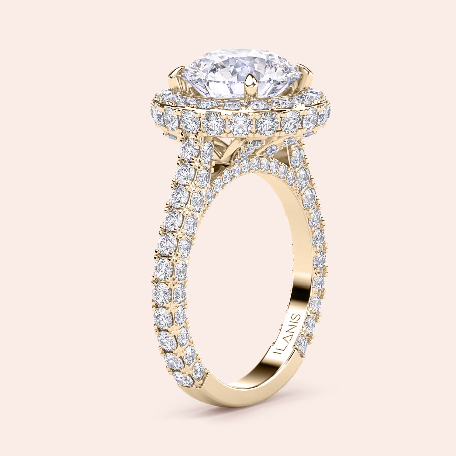 Round halo diamond engagement ring in yellow gold, side profile showing elevated setting and pavé band | #14KRecycledYellowGold #18KRecycledYellowGold