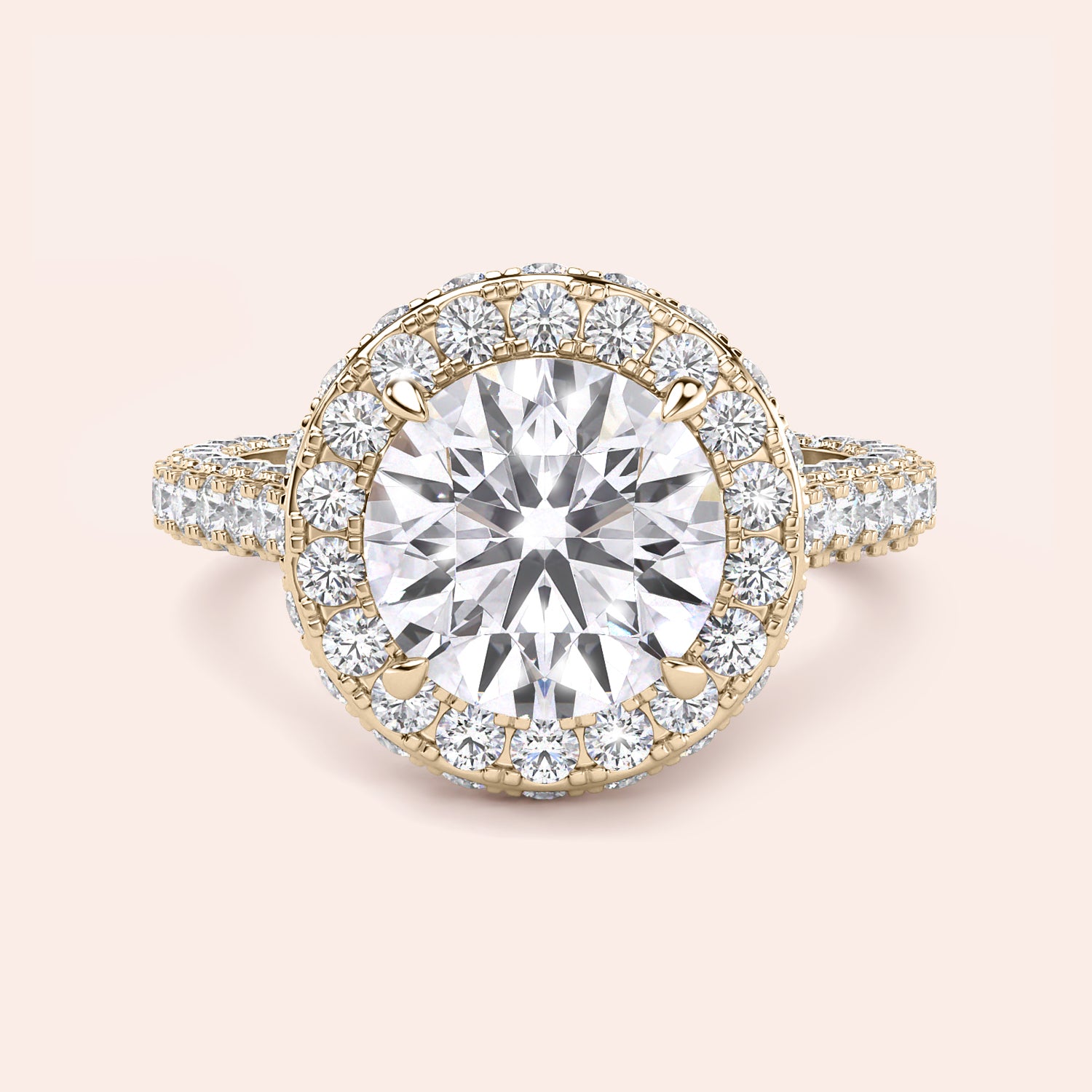 Round halo diamond engagement ring in yellow gold, front view of pavé band and halo bridal setting | #14KRecycledYellowGold #18KRecycledYellowGold