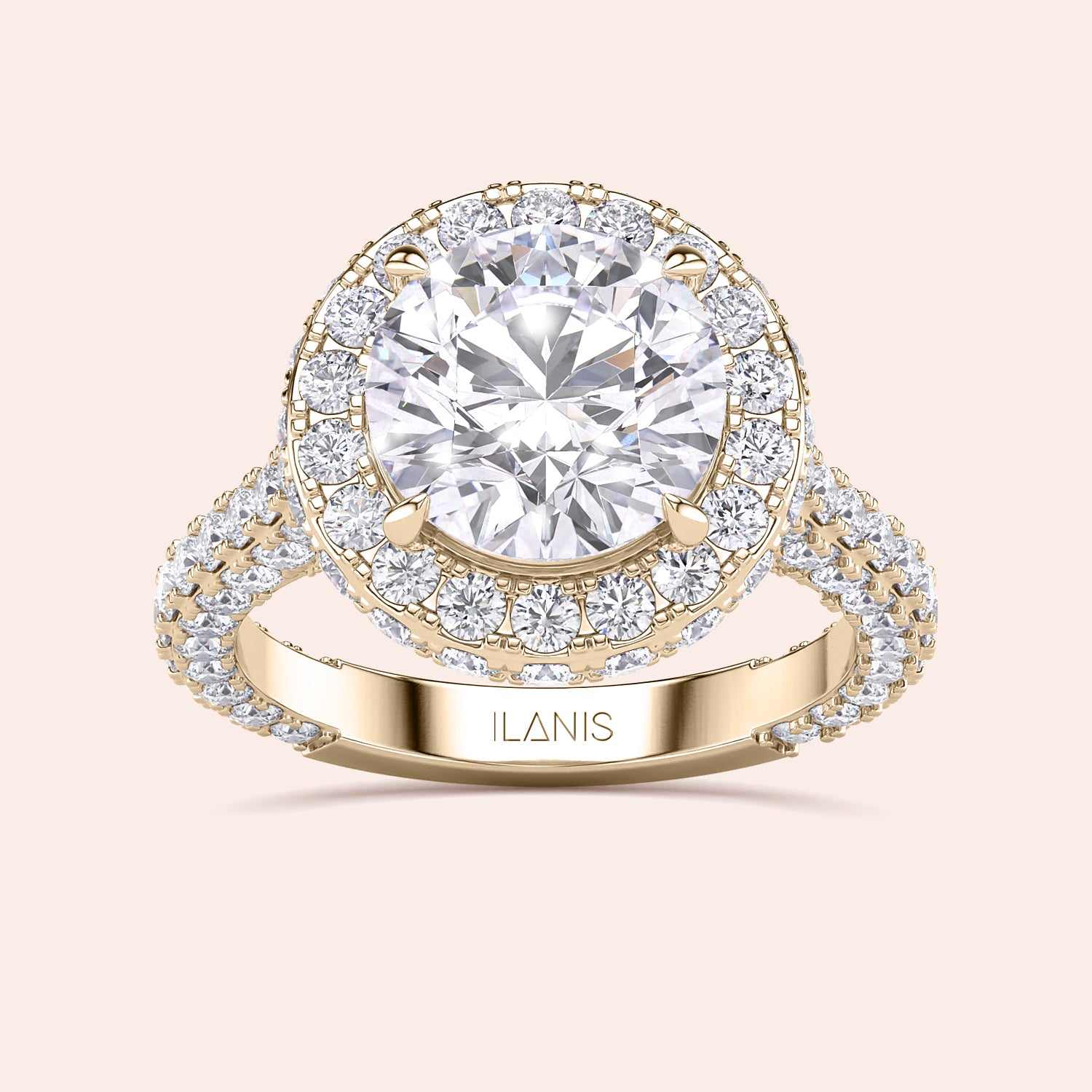 Yellow gold round halo engagement ring, top view showing center diamond, halo and pavé shank | #14KRecycledYellowGold #18KRecycledYellowGold