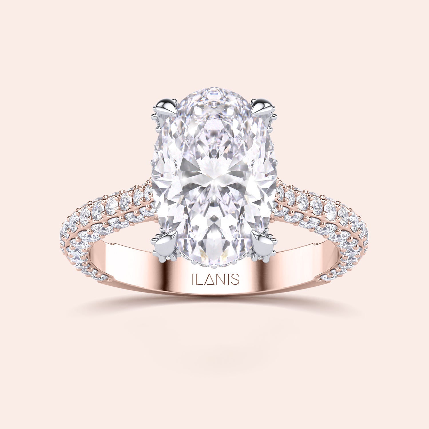 Oval solitaire diamond engagement ring in rose and white gold, top view with pavé band and claw prong setting | #14KRecycledRose/WhiteGold #18KRecycledRose/WhiteGold