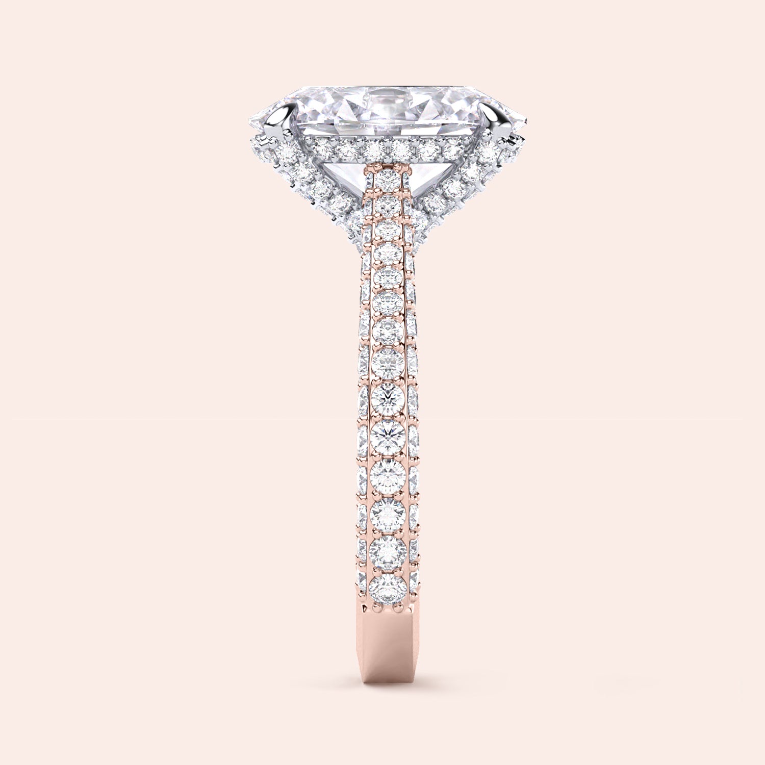 Two tone oval diamond engagement ring, profile view featuring hidden halo and diamond pavé band in mixed metals | #14KRecycledRose/WhiteGold #18KRecycledRose/WhiteGold