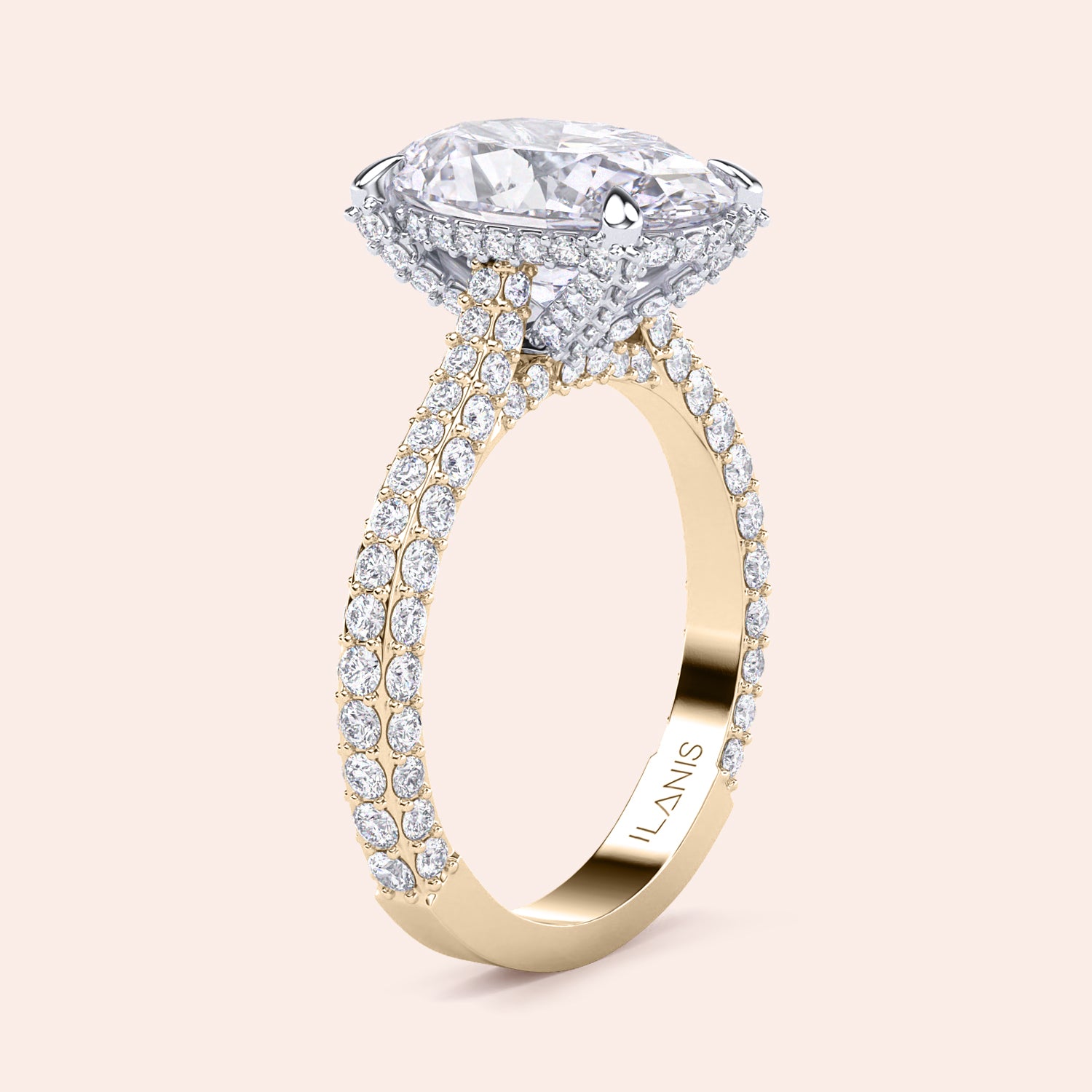 Oval diamond engagement ring in two tone yellow and white gold, side angle showcasing pavé band and hidden halo design | #14KRecycledYellow/WhiteGold #18KRecycledYellow/WhiteGold

