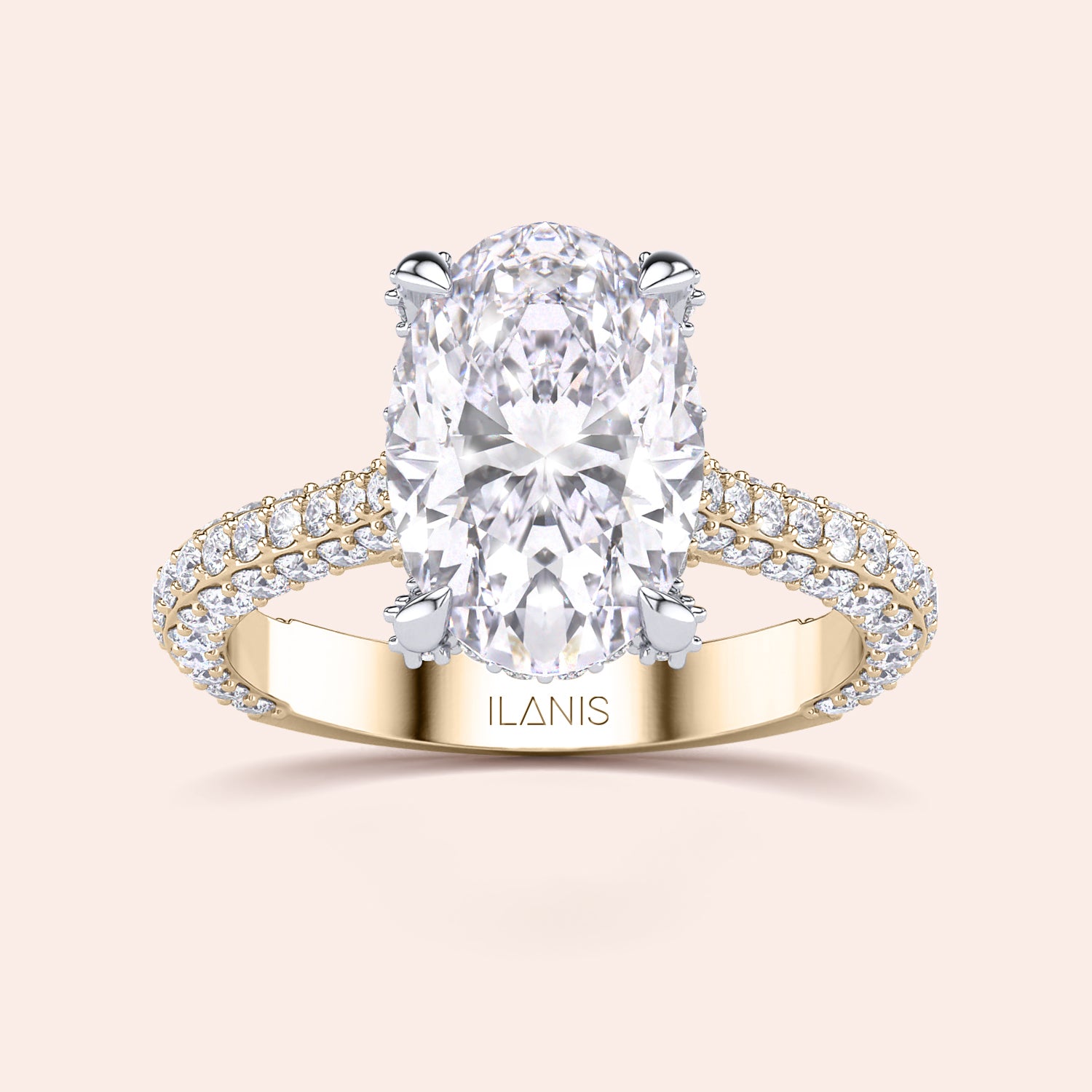 Oval cut diamond engagement ring in mixed yellow and white gold, top view with pavé setting and elegant claw prongs | #14KRecycledYellow/WhiteGold #18KRecycledYellow/WhiteGold