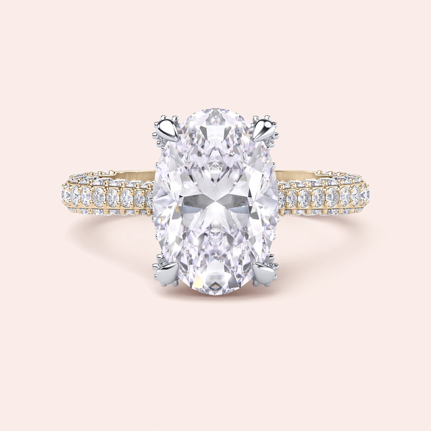 Two tone yellow and white gold oval engagement ring, front view with white gold prongs and yellow gold diamond band | #14KRecycledYellow/WhiteGold #18KRecycledYellow/WhiteGold