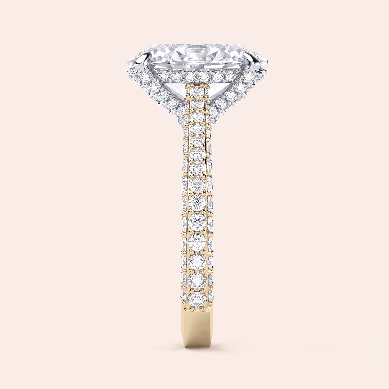 Two tone oval diamond ring in yellow and white gold, side profile highlighting hidden halo and detailed pavé band | #14KRecycledYellow/WhiteGold #18KRecycledYellow/WhiteGold