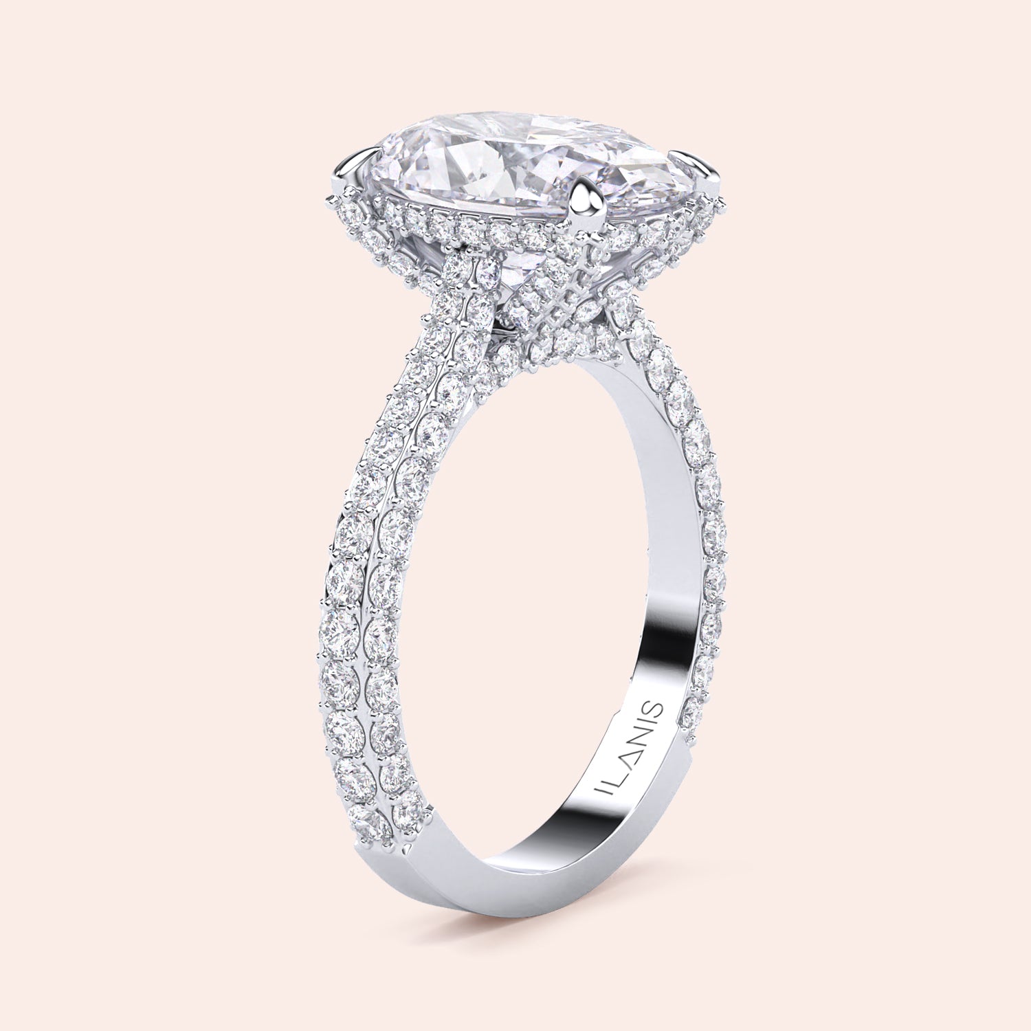 Oval diamond engagement ring in white gold, side profile with pavé band and hidden halo setting | #14KRecycledWhiteGold #18KRecycledWhiteGold #Platinum