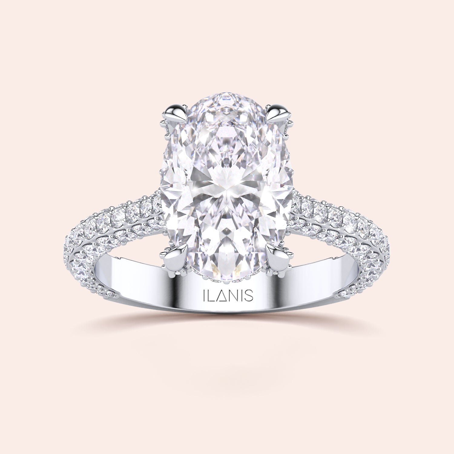 Oval diamond engagement ring in white gold, top view with pavé band and solitaire setting | #14KRecycledWhiteGold #18KRecycledWhiteGold #Platinum