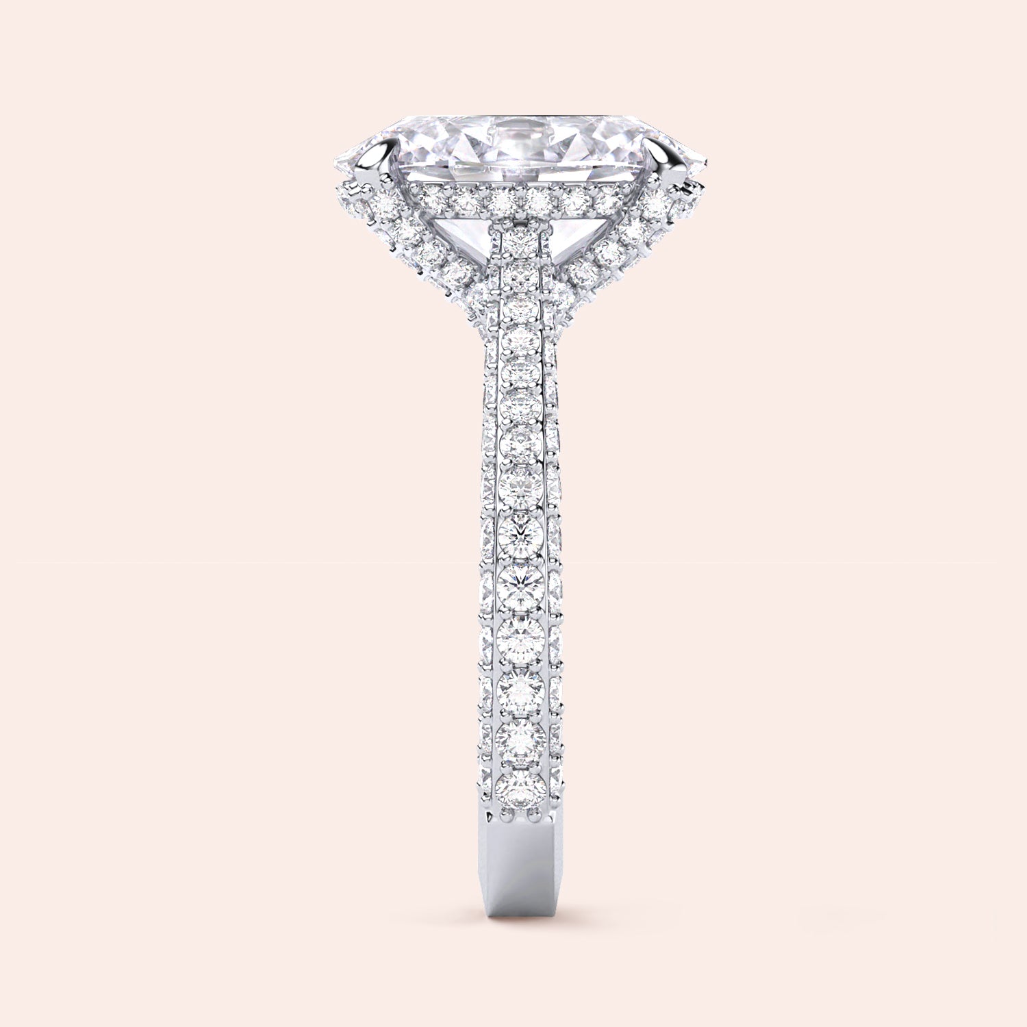 White gold oval diamond engagement ring, side view showing elevated hidden halo and pavé shank | #14KRecycledWhiteGold #18KRecycledWhiteGold #Platinum