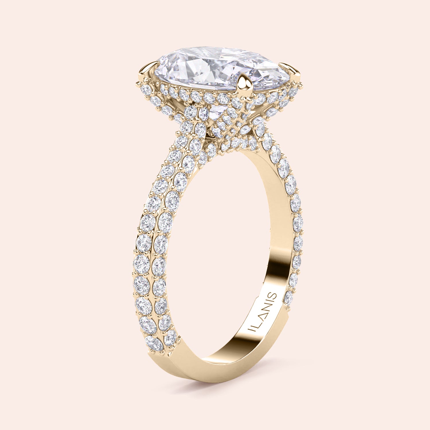Oval diamond engagement ring in yellow gold, angled side view with pavé band and hidden halo detail | #14KRecycledYellowGold #18KRecycledYellowGold