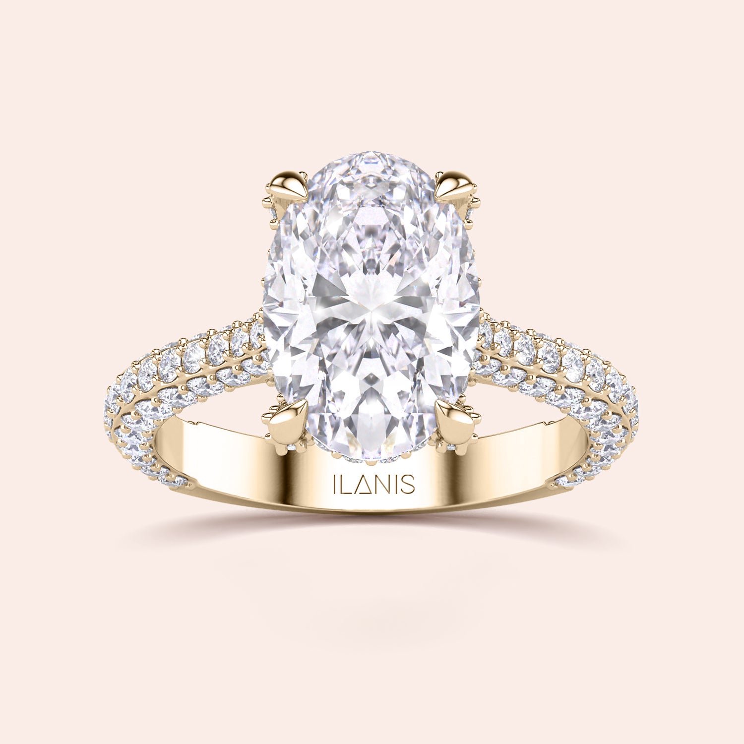 Oval solitaire diamond engagement ring in yellow gold, top view with pavé band and oval center stone | #14KRecycledYellowGold #18KRecycledYellowGold
