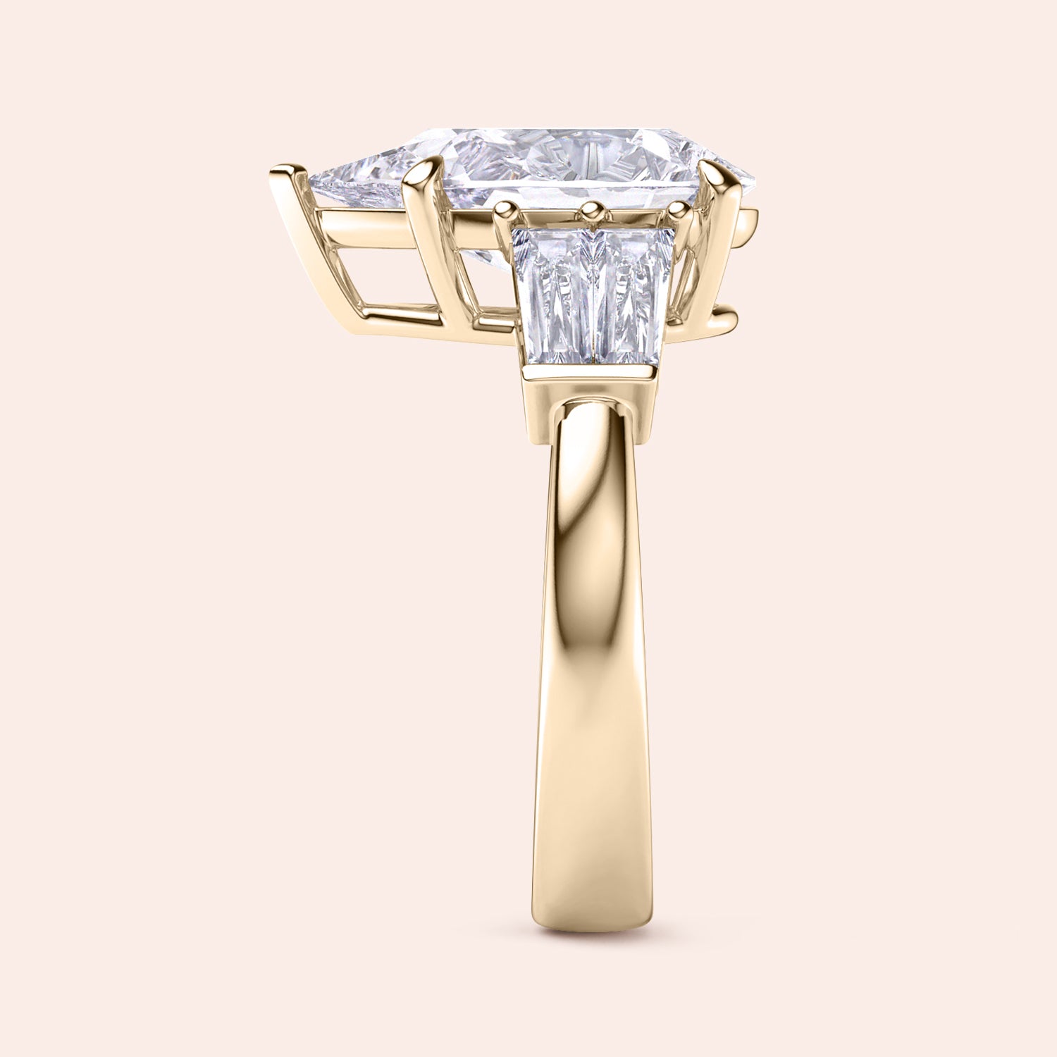 Pear cut diamond engagement ring in yellow gold, side angle showing prong setting and architectural gallery design | #14KRecycledYellowGold #18KRecycledYellowGold