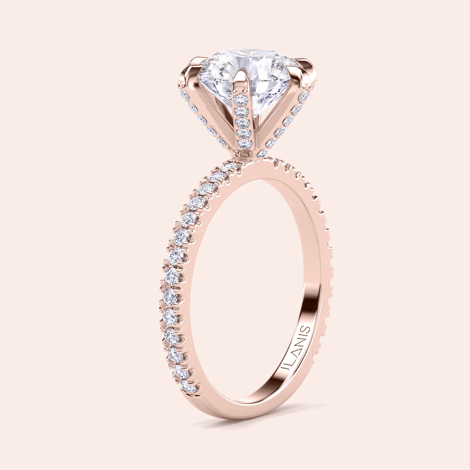 Rose gold diamond engagement ring side profile showing pavé band, gallery detail and elevated basket setting | #14KRecycledRoseGold #18KRecycledRoseGold