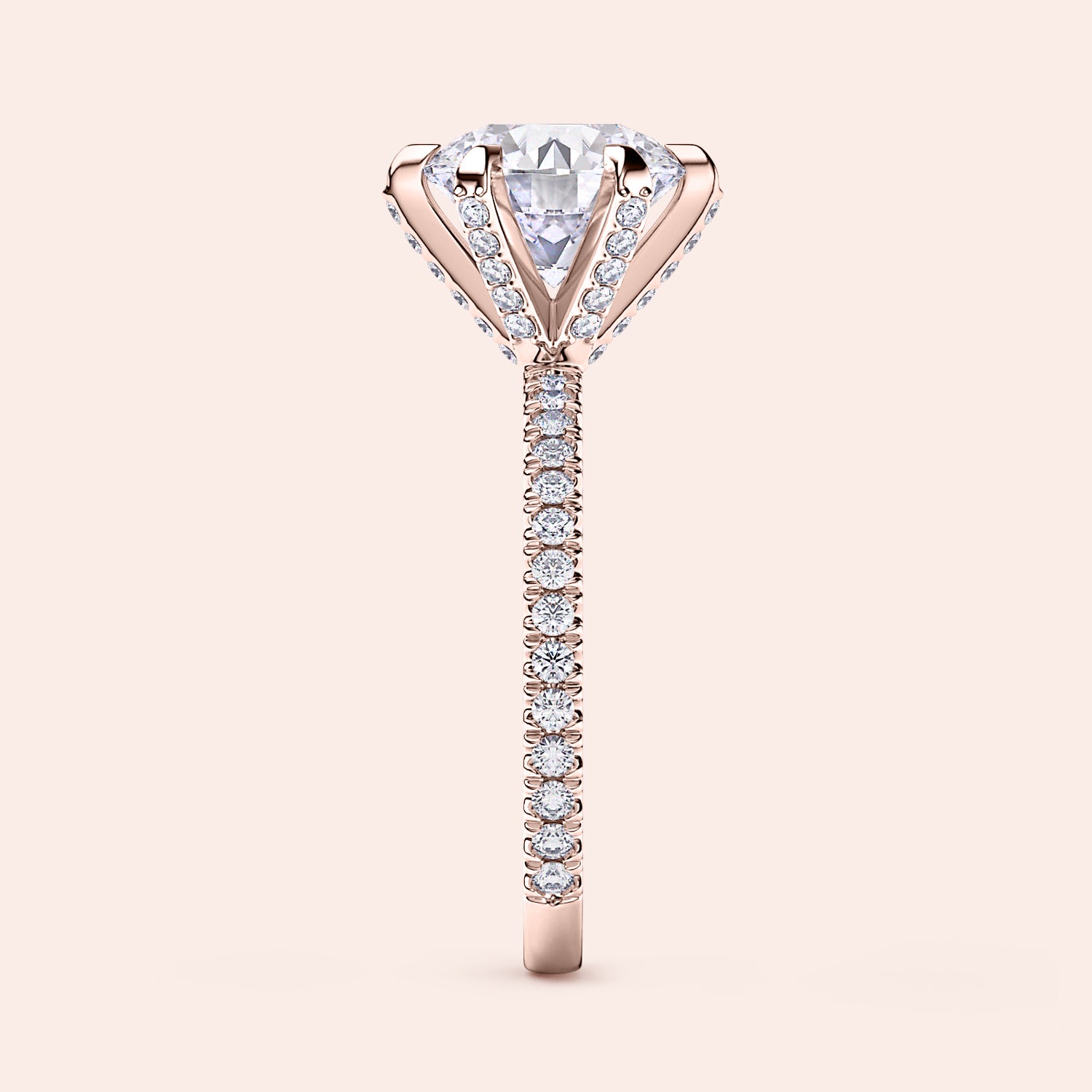 Vertical side view of rose gold diamond engagement ring with pavé band, highlighting band detailing and setting precision | #14KRecycledRoseGold #18KRecycledRoseGold