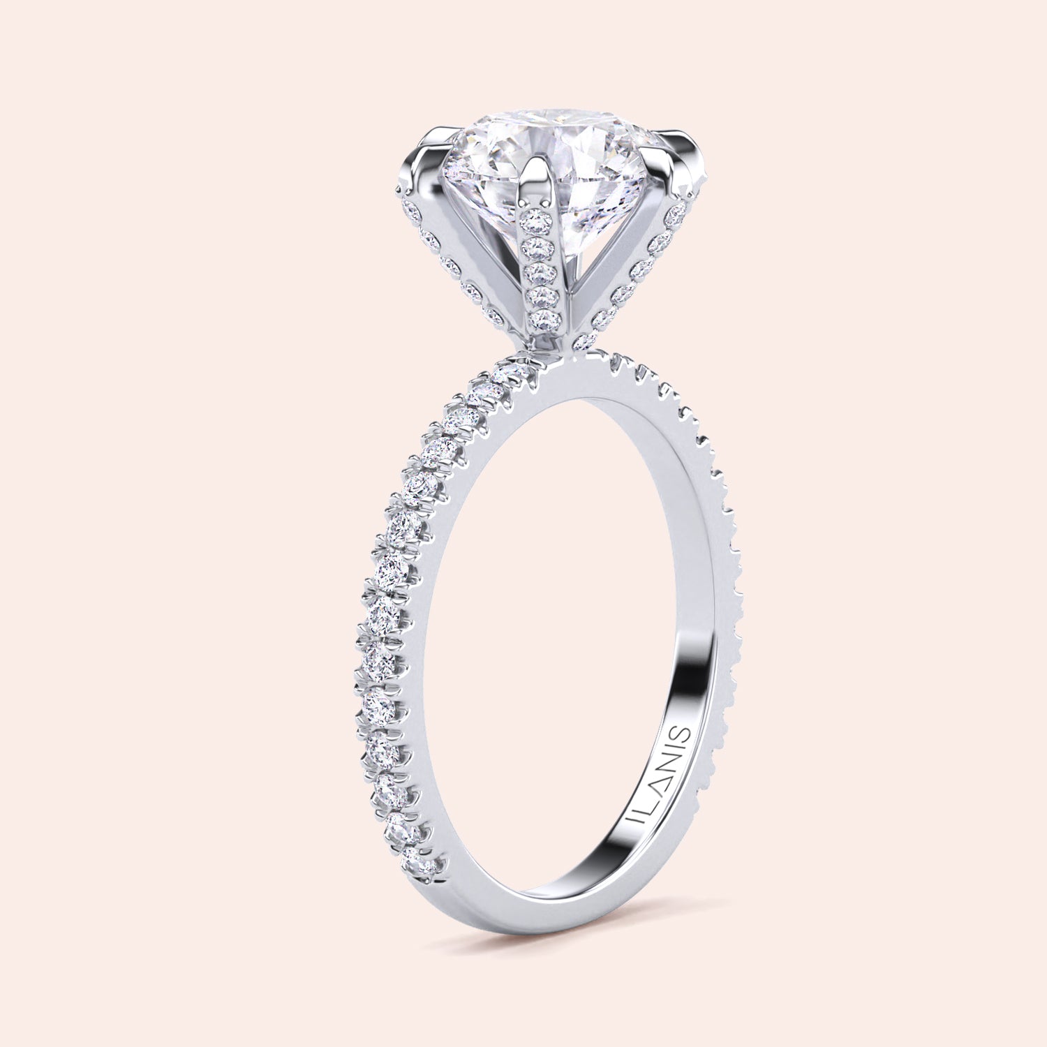 Vertical side view of white gold or platinum diamond engagement ring with pavé band, highlighting fine detailing and structured setting | #14KRecycledWhiteGold #18KRecycledWhiteGold #Platinum